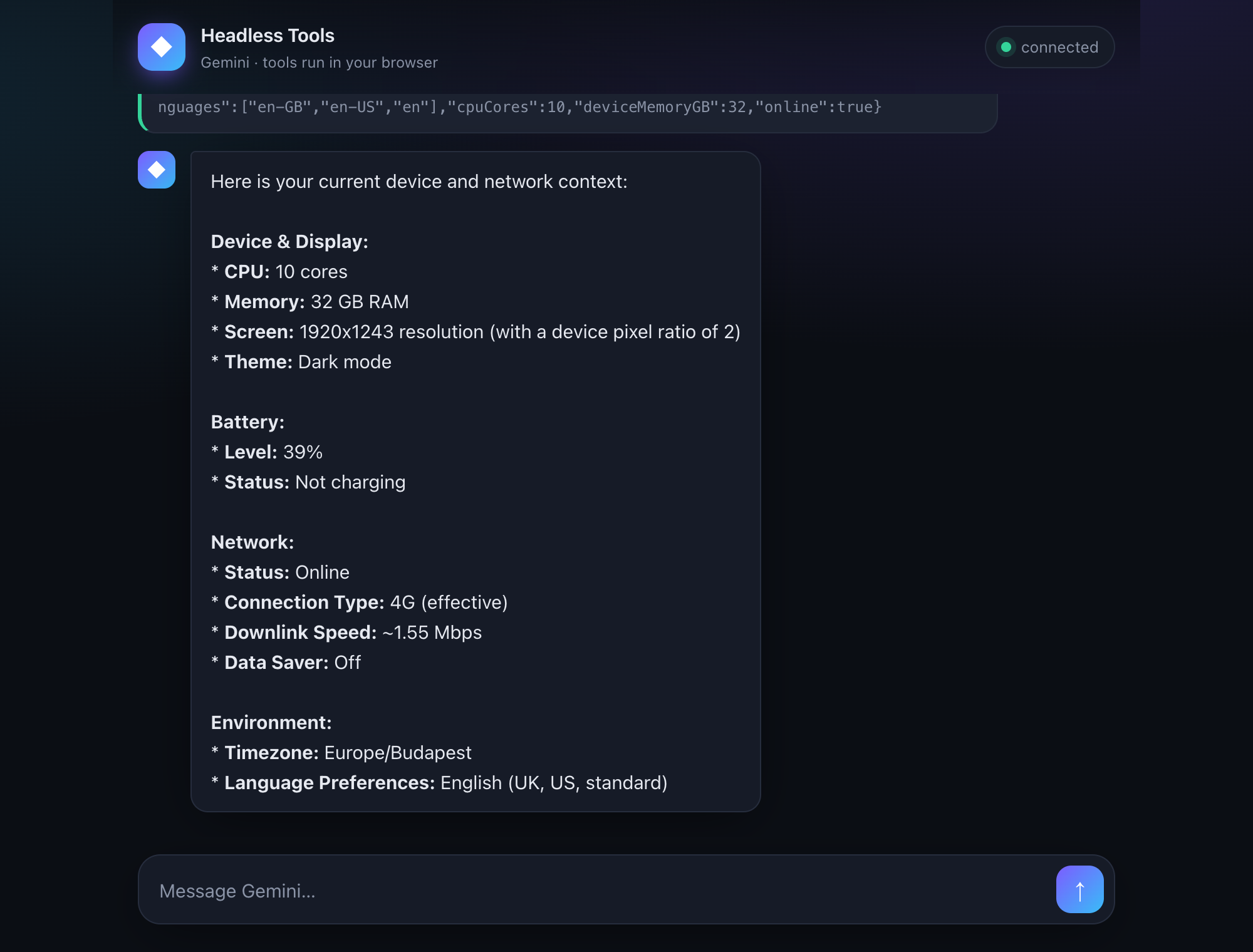 The chat asking for device context: a Device context tool card returning battery, network, screen, timezone and CPU, and the model's formatted summary