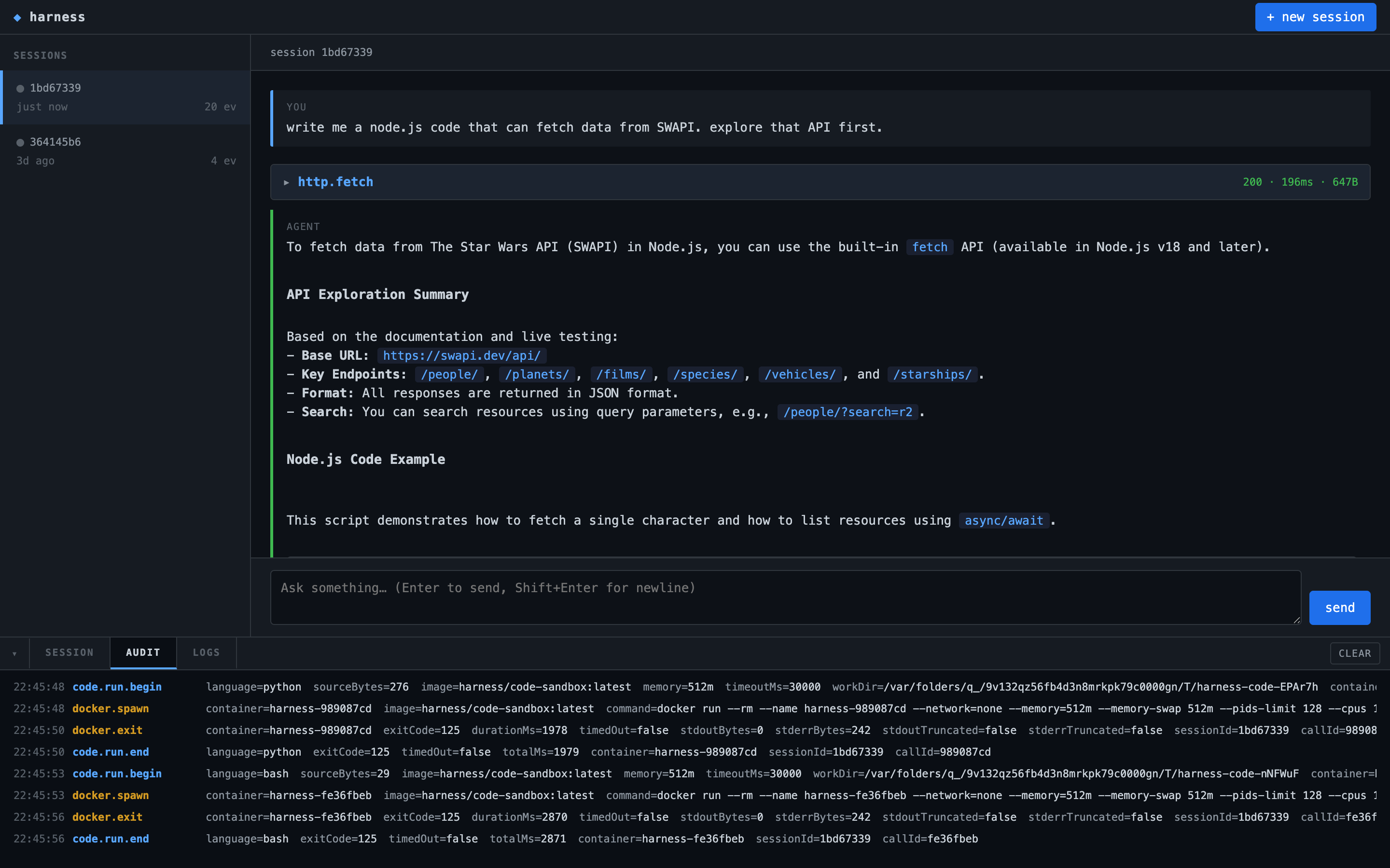 Harness UI audit tab showing docker.spawn with the full docker run command, docker.exit with byte counts, and code.run lifecycle entries