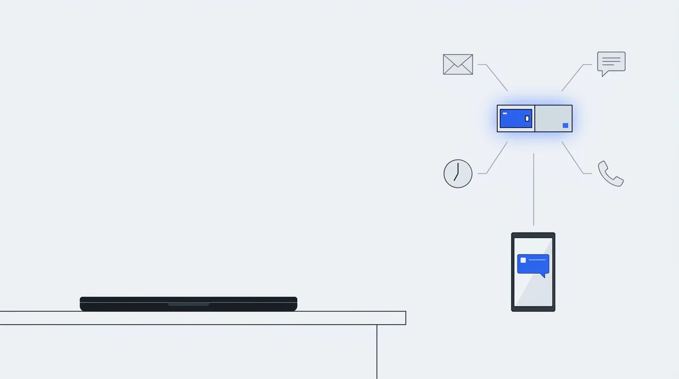 A closed laptop sits dark on a desk while a cloud machine wakes to an email, a chat message, a 7am routine and a phone call, and sends a single notification to a phone.